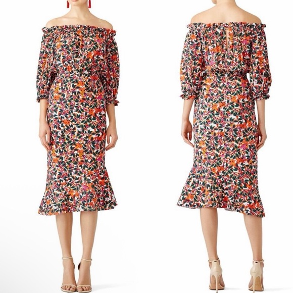 SALONI Grace Silk Midi Dress Off Shoulder Floral Multi Size 8 - Picture 12 of 12